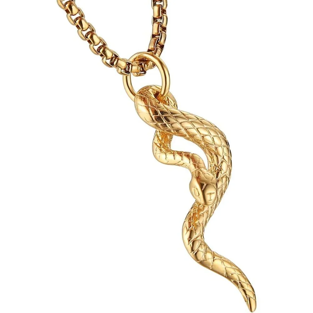 Gothic Men's Gold Stainless Steel Animal Snake Pendant Chain Necklace